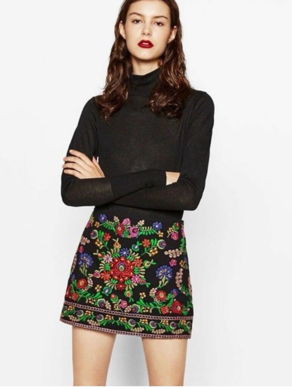 Black Floral Embroidered Mini Skirt